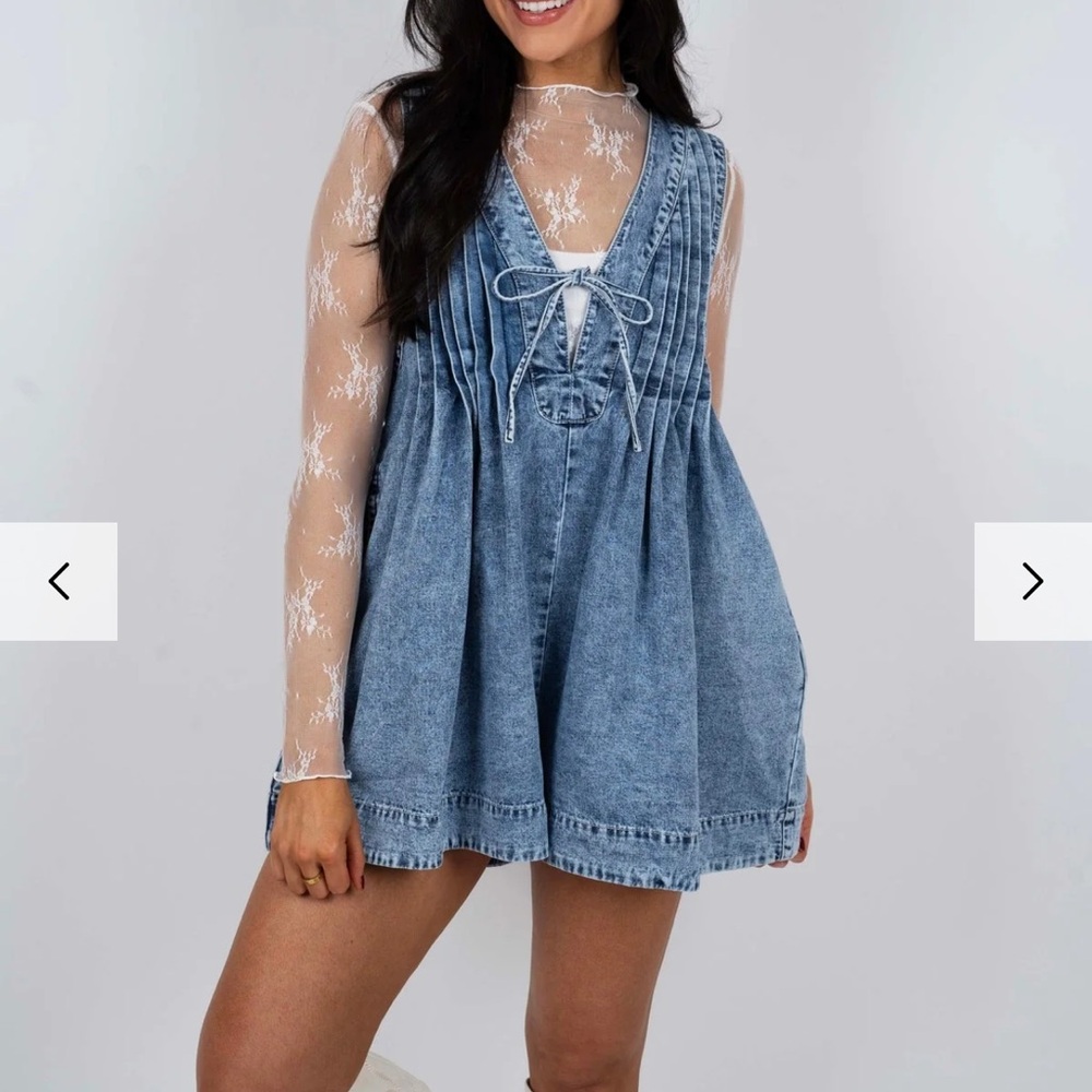 Blue Denim Dress with Sheer Lace Sleeves